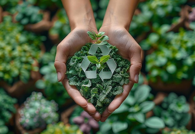 Des mains tenant le symbole vert du recyclage