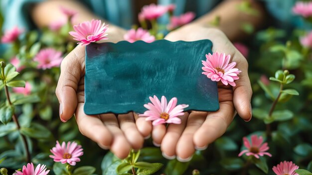 Photo des mains tenant un tableau blanc entouré de fleurs roses vibrantes