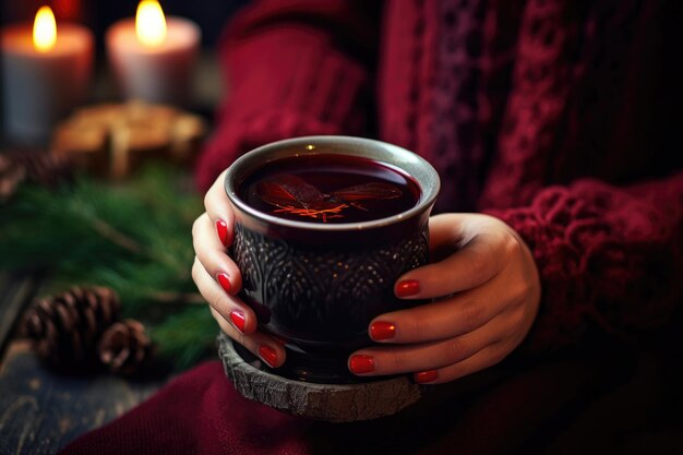 Mains tenant une tasse de gros plan de vin chaud chaud