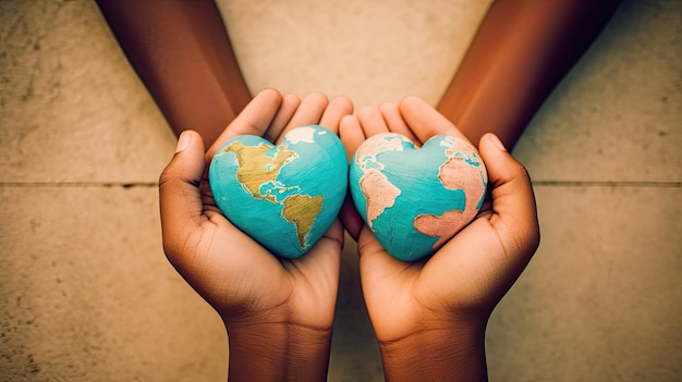 Photo mains tenant une terre en forme de coeur avec un globe à l'intérieur