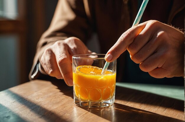 Des mains tenant un verre de jus d'orange avec une paille