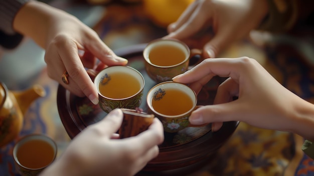 Des mains tendant la main vers des tasses de thé traditionnelles sur un plateau en bois dans un cadre intime de cérémonie du thé