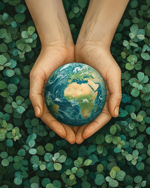 Des mains de terre berçant un globe détaillé au milieu d'une mer de feuilles de trèfle vert