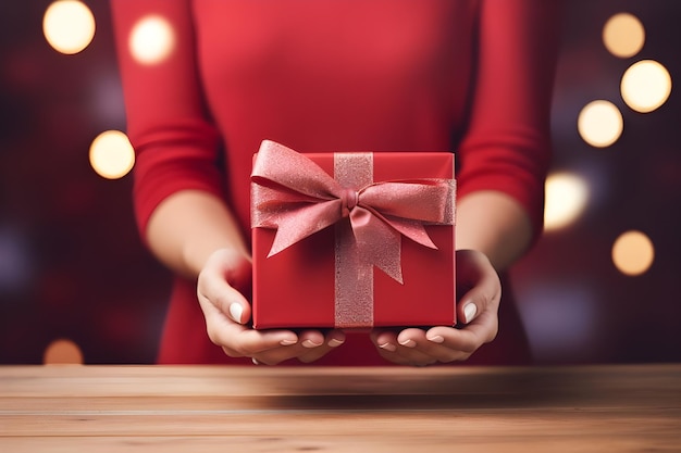 Les mains tiennent une belle boîte cadeau avec un ruban et des tulipes blanches cadeau donner cadeau surprise