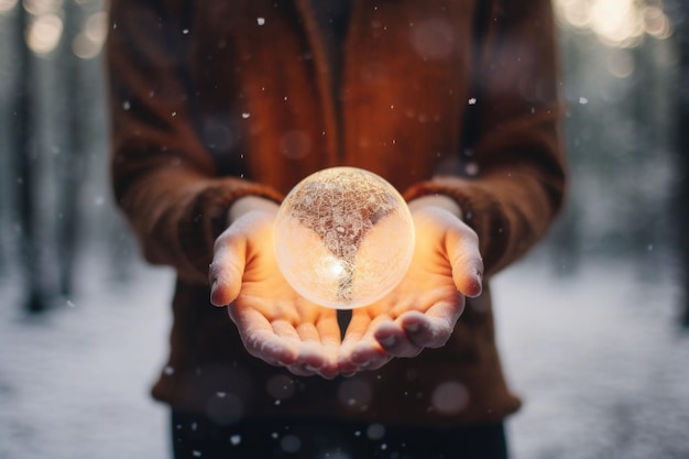 Les mains tiennent une boule lumineuse transparente Illustration générative de l'IA