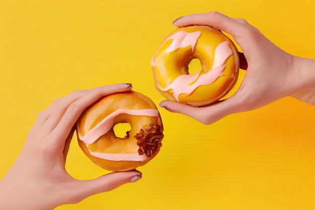 Les mains tiennent de délicieux beignets sucrés avec glaçage et garniture sur une Ai générative jaune