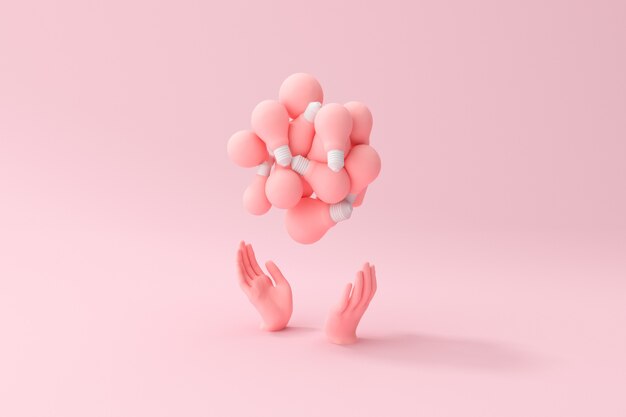 les mains tiennent un groupe d'ampoules roses, concept minimal, rendu 3d.