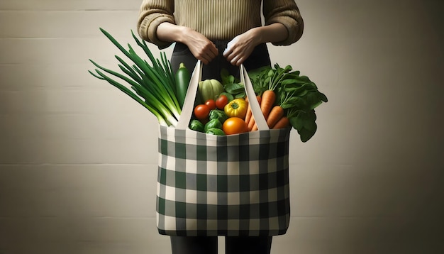 Les mains tiennent un sac à carreaux rempli de légumes vibrants, y compris des légumes verts, des carottes, des citrouilles et des