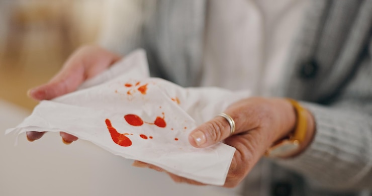 Photo mains et tissus de femme avec du sang à la maison pour crise respiratoire bactéries et maladie chronique problème de santé et personne féminine avec du papier hygiénique à la casa pour maladie de tuberculose ou saignement