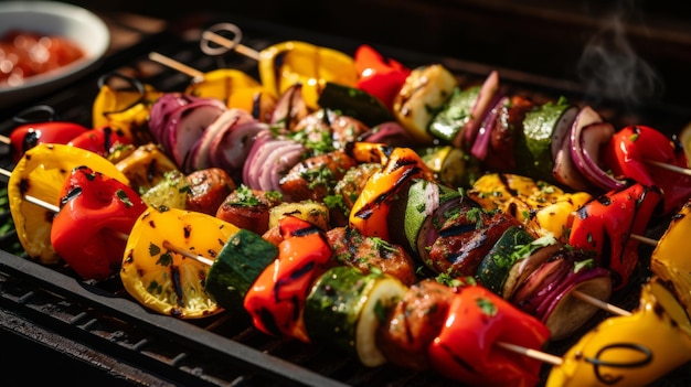 Les mains tournent la variété de brochettes de légumes au barbecue marinées