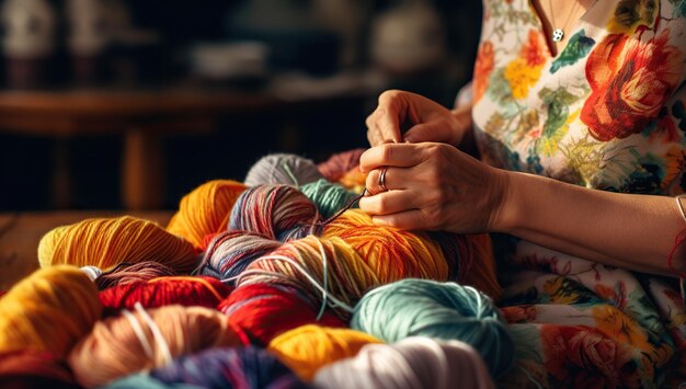 Les mains en train de tricoter avec des boules de fil de laine de différentes couleurs posées sur la table Le concept de créativité et de travail à la main