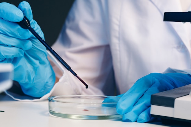 Les mains d'un travailleur de laboratoire faisant un test sanguin