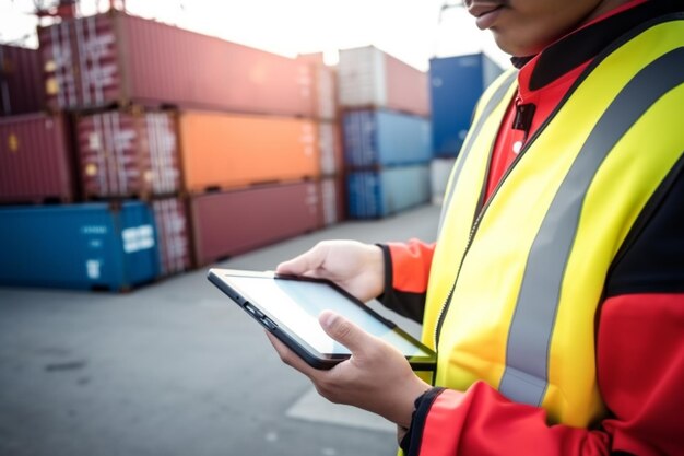 Les mains d'un travailleur avec une tablette numérique dans un port maritime avec des conteneurs concept de logistique et de livraison ai génératif