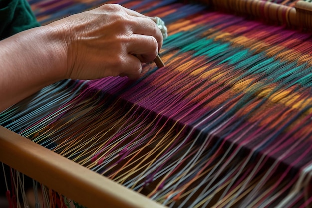 Mains utilisant un métier à tisser pour tisser une tapisserie colorée