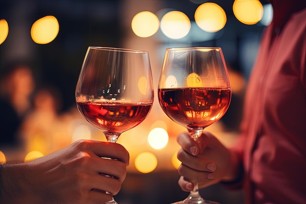 Mains avec des verres à vin lors d'une fête sociale Mains masculines et féminines avec des verres à vin en gros plan Lumières de fête floues en arrière-plan Date