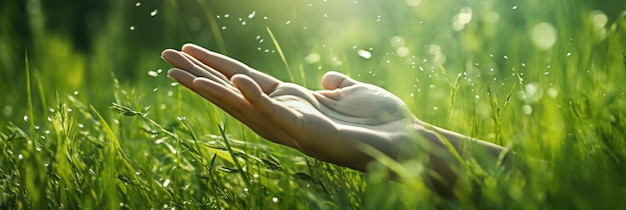 Photo des mains vertes sur l'herbe dans un bel été