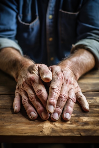 Photo les mains d'un vieil homme sur une table en bois.