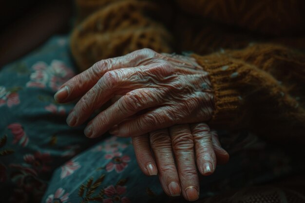 Les mains d'une vieille femme reposant sur ses genoux