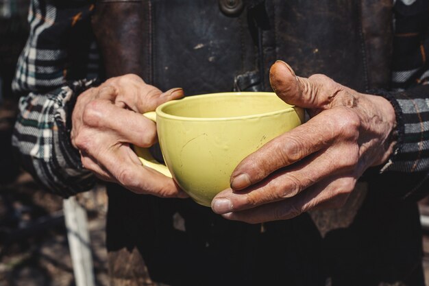 Mains de vieux senior avec tasse de thé