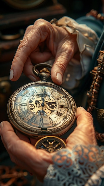 Des mains de voyageurs dans le temps mettant en place une montre de poche vintage