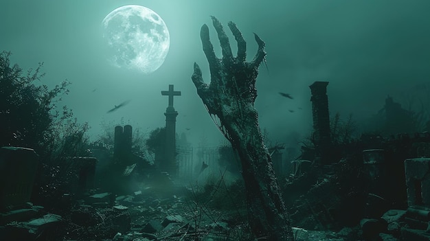 Des mains de zombies émergeant d'un cimetière la nuit.