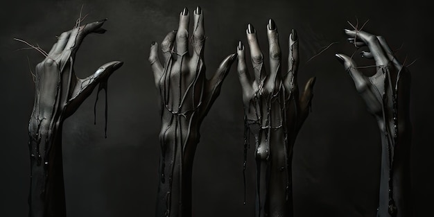 Des mains de zombies émergent de l'obscurité, ornées de sang noir, créant une scène d'Halloween obsédante. Créé avec des outils d'IA générative.