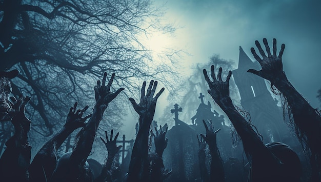 Des mains de zombies se lèvent dans la nuit sombre d'Halloween