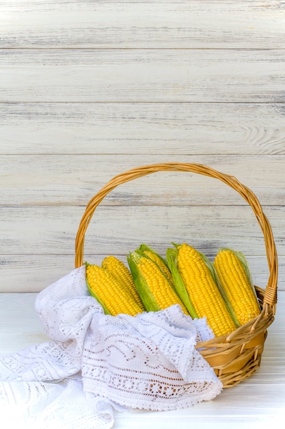 Maïs frais en épi dans un panier en osier. Épis de maïs non traités. Légumes de maïs frais dans le panier. Maïs récolté dans le panier en osier, épis de maïs fraîchement cueillis dans le paysage de champ agricole, sélective