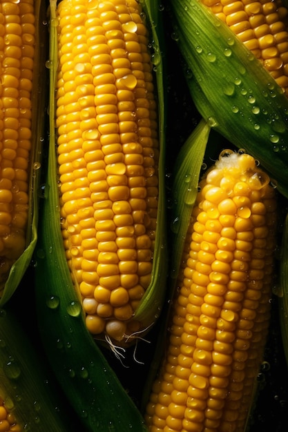Photo des maïs frais sur des épis et des gouttes d'eau en arrière-plan vue rapprochée ai générative