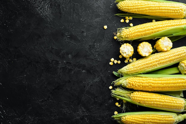 Maïs frais sur fond noir Légumes Vue de dessus Espace de copie gratuit