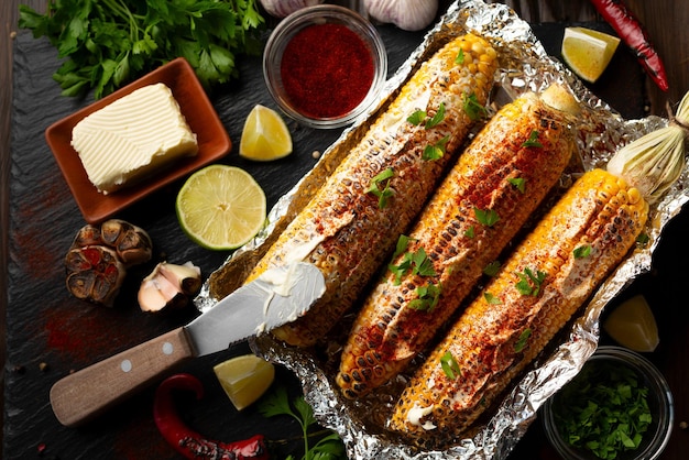 Maïs sucré grillé avec du paprika fumé et du beurre dans du papier d'aluminium sur la table de la cuisine nourriture saine