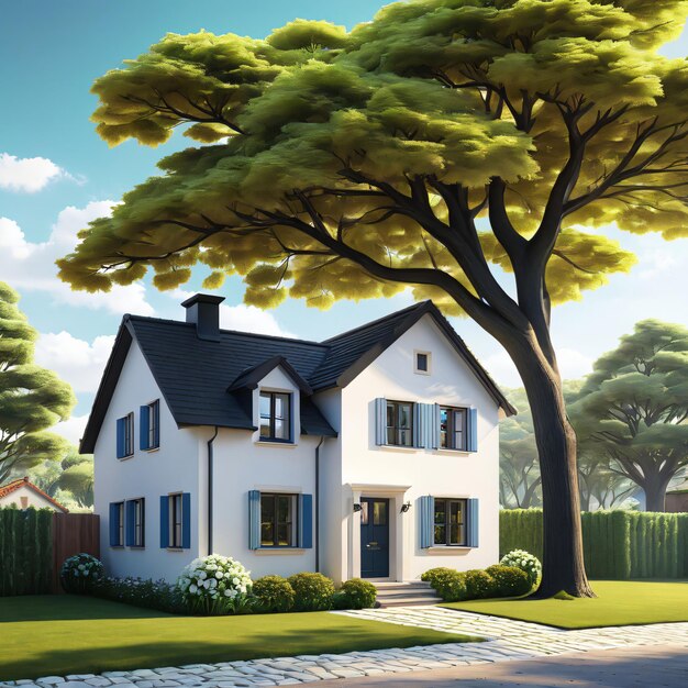 Une maison 3D avec un arbre en arrière-plan au lever du soleil