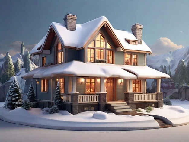Une maison en 3D couverte de neige.