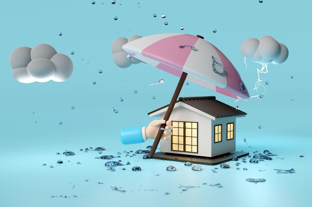 Maison 3D avec des mains d'homme d'affaires tenant un parapluie, une goutte de nuage, de pluie, d'eau, d'un tonnerre isolé sur un fond bleu, un concept de protection et de sécurité.