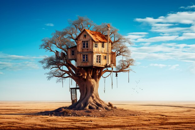 Une maison abandonnée sur un arbre au milieu de la steppe Une maison magique sur un vieil arbre Une maison arbre