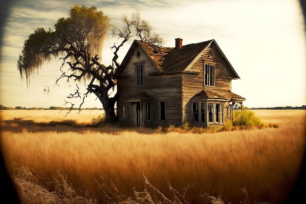 Maison abandonnée de ferme en bois se tenant seule au milieu du champ