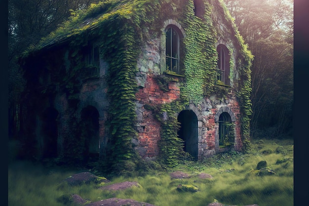 Maison abandonnée en ruine avec des murs de briques recouverts de mousse et d'herbe