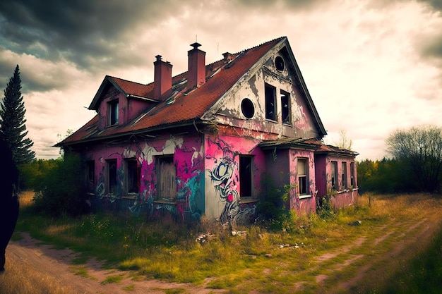 Maison abandonnée vide avec des murs peints sans verre dans les fenêtres