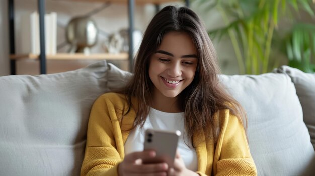 À la maison, une adolescente hispanique du millénaire consulte les réseaux sociaux avec son téléphone, joue à un jeu, regarde la télévision, commande une livraison et regarde des vidéos YouTube.