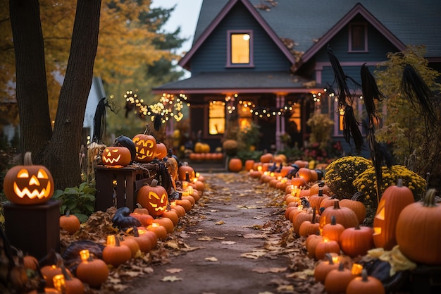 maison américaine typique avec pelouse de nombreuses citrouilles d'Halloween décorations d'Halloween feuilles jaunes