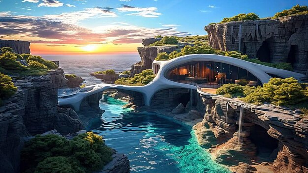 Une maison amorphe futuriste aux couleurs vives construite dans les falaises de grès de l'île de Santori