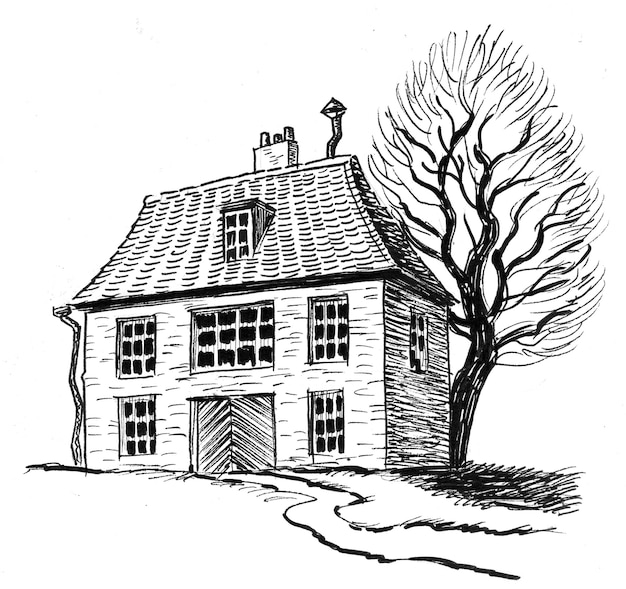 Maison ancienne à la campagne. Dessin noir et blanc à l'encre