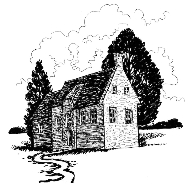 Maison ancienne à la campagne. Dessin noir et blanc à l'encre