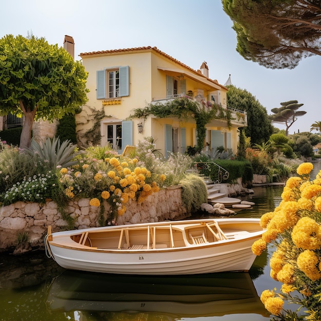 maison à antibe france bateau dans l'eau plantes jaunes