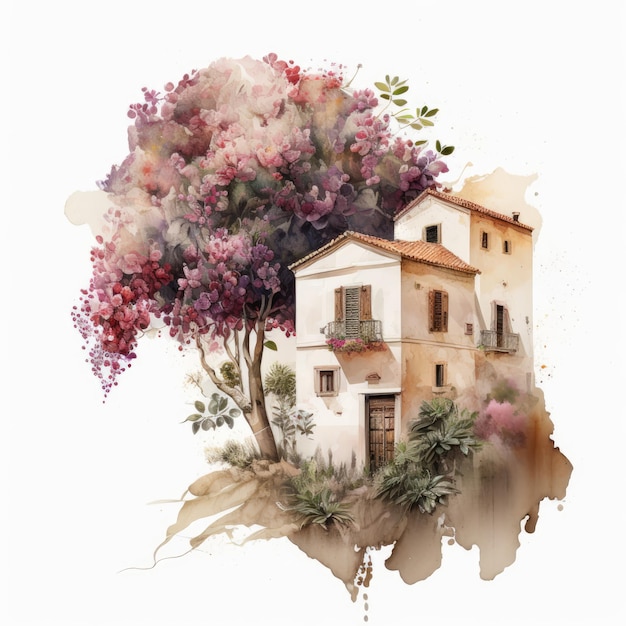 Maison aquarelle Maison ancienne et jardin fleuri Toscane Italie Vintage jolie maison Provence France