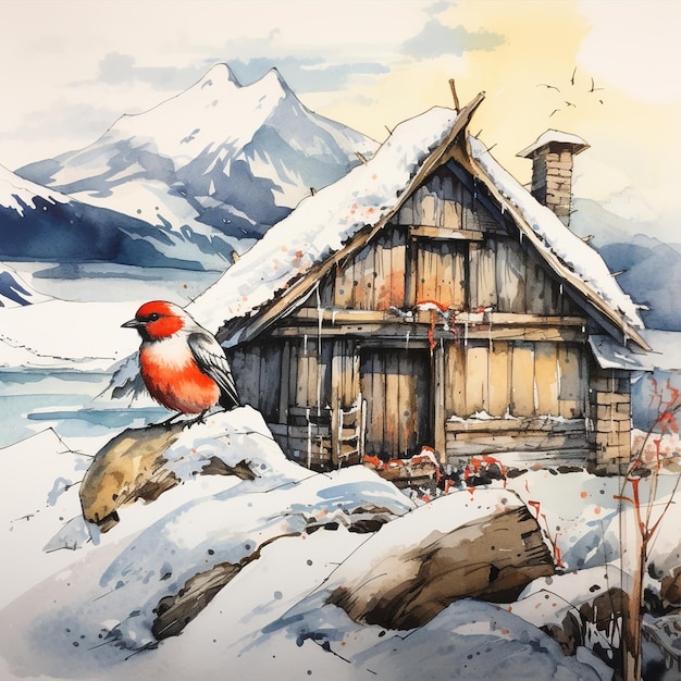 Une maison aquarelle nature hivernale