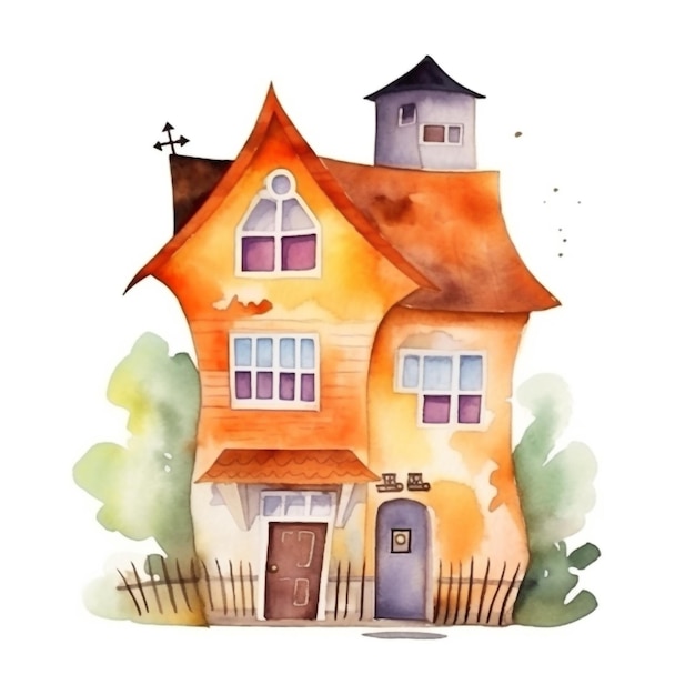 Maison aquarelle avec une tour au sommet.