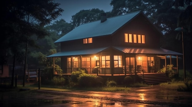 Maison arafée avec un porche et un porche couvert la nuit ai générative