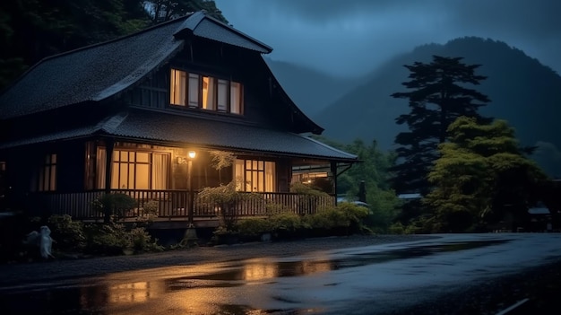 Maison arafée avec un toit sombre et une fenêtre éclairée ai générative