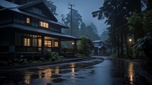 Maison arafée avec un toit sombre et une rue avec une route humide générative ai